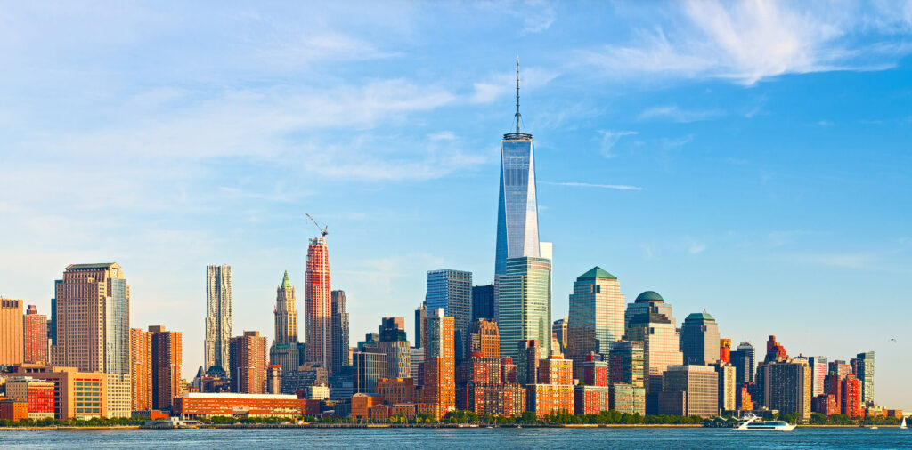 New York City, financial business buildings in Manhattan on a late summer afternoon.  Graphic for exercise routine.