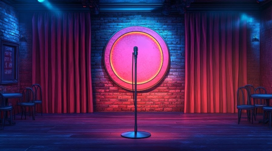 Humor on display in a vibrant comedy room with a microphone in the center stage.