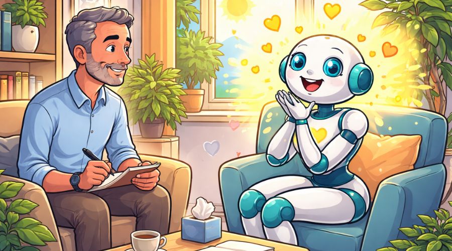 Cartoon illustration of a life coach in session with Daisy, an AI robot persona, exploring how to find happiness through reflection and curiosity.