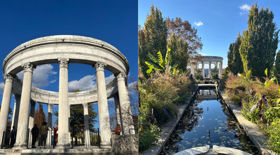Stone columns and reflecting pool at Untermyer Gardens symbolizing calm, structure, and perspective, concepts a mindset coach helps clients develop.