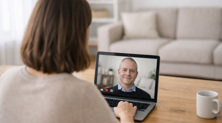 Woman participating in an online life coach session on a laptop in a bright home setting